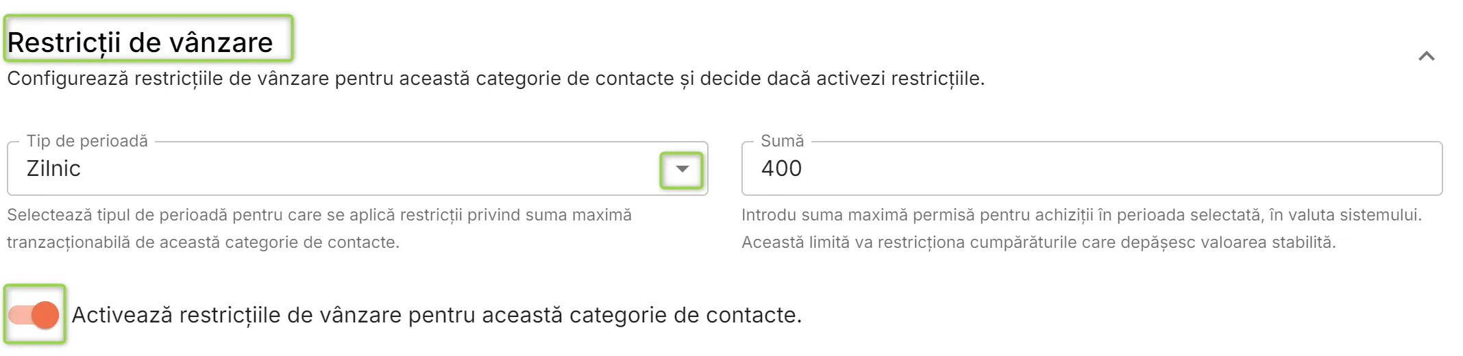 Adaugă categorie contacte – Restricții de vânzare Adaugă categorie contacte – Restricții de vânzare