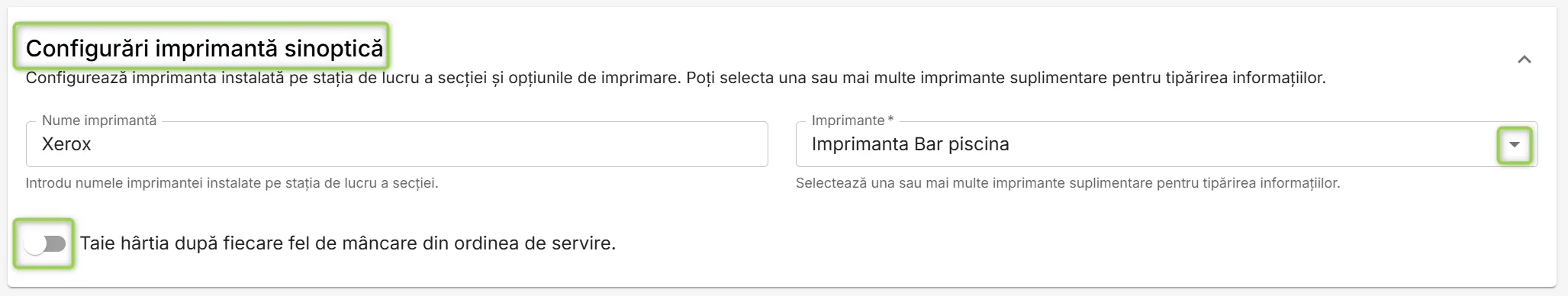 Secțiunea Configurări imprimantă sinoptică Secțiunea Configurări imprimantă sinoptică