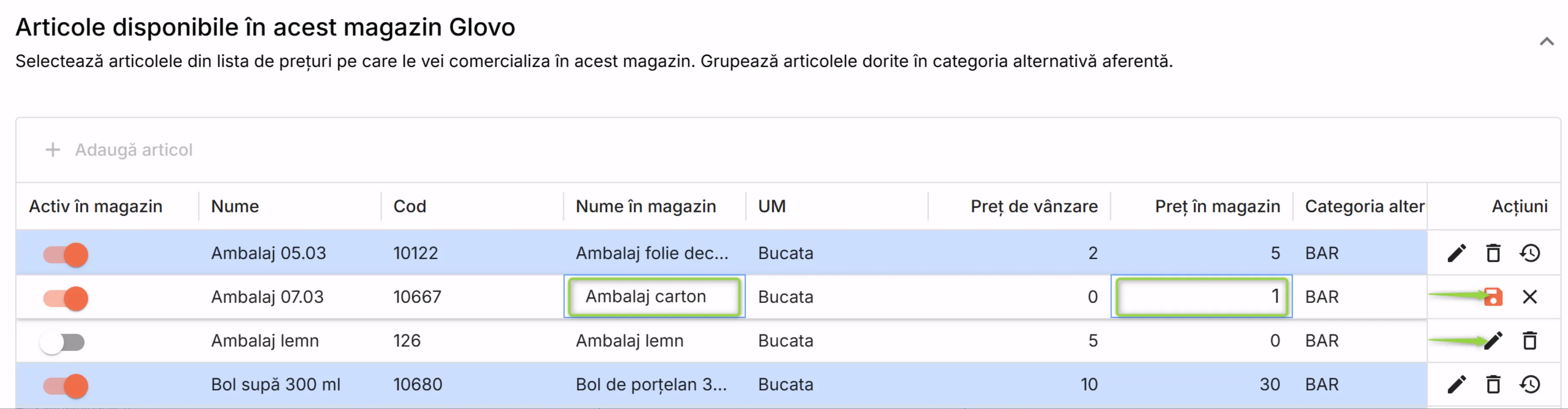 Personalizează denumirea articolelor și prețul de vânzare în acel magazin