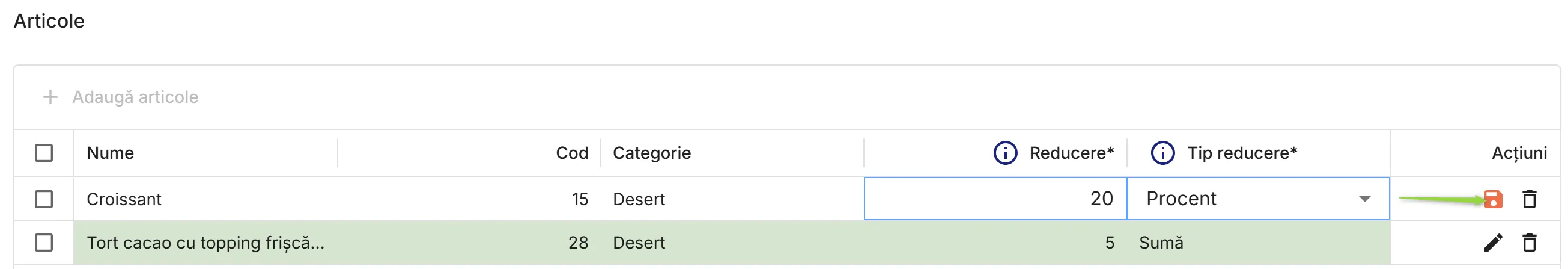 Definire reduceri pentru articolele selectate