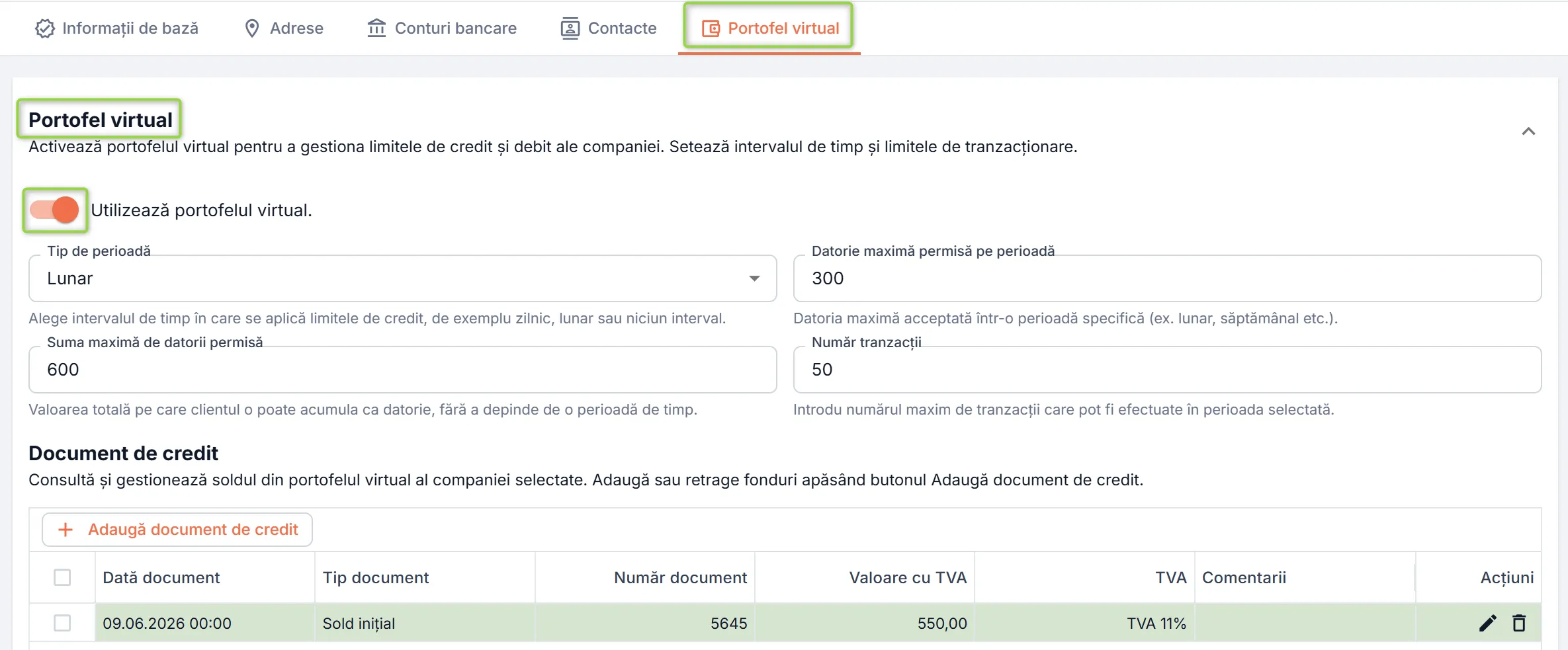 Secțiunea Portofel virtual
