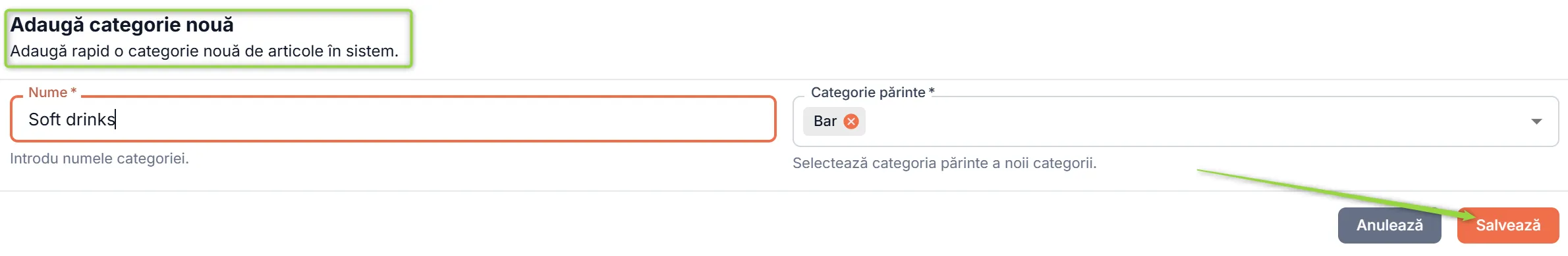 Fereastra de adăugare rapidă a categoriei
