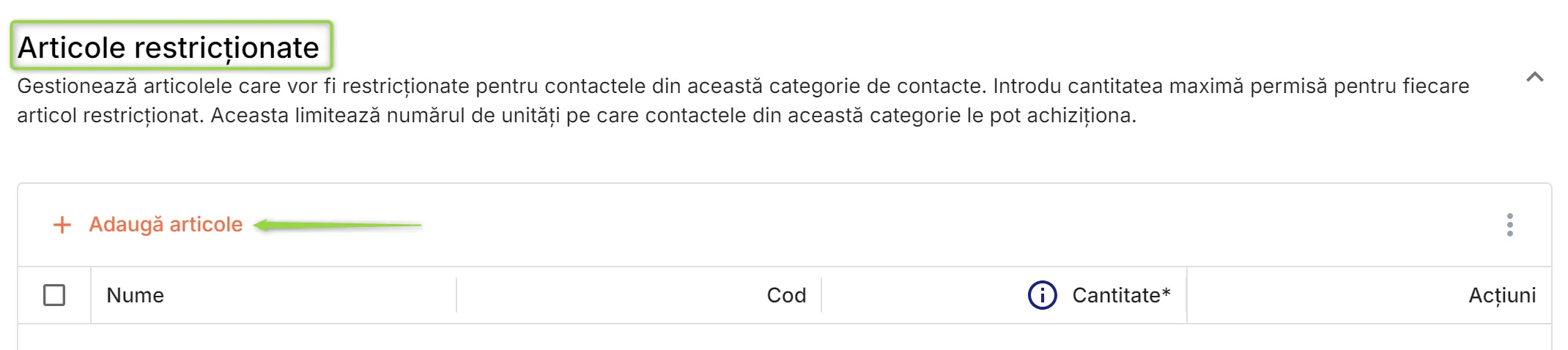 Adaugă categorie contacte – Articole restricționate Adaugă categorie contacte – Articole restricționate
