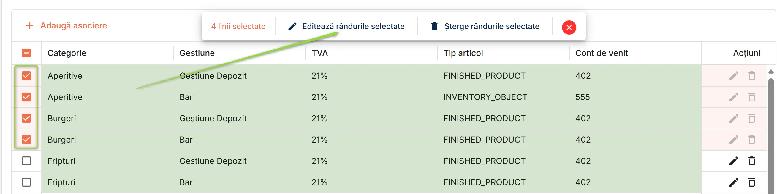 Editează asocierile selectate