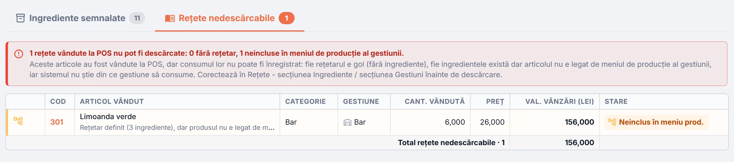 Fila Rețete nedescărcabile cu rețete fără ingrediente sau care nu au setată gestiunea pentru descăcarea stocului Fila Rețete nedescărcabile cu rețete fără ingrediente sau care nu au setată gestiunea pentru descăcarea stocului