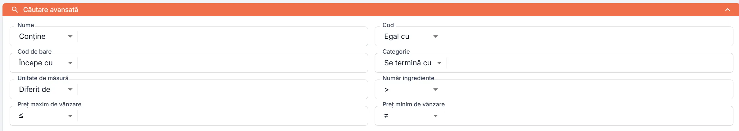 Căutare avansată cu operatori în toate filtrele