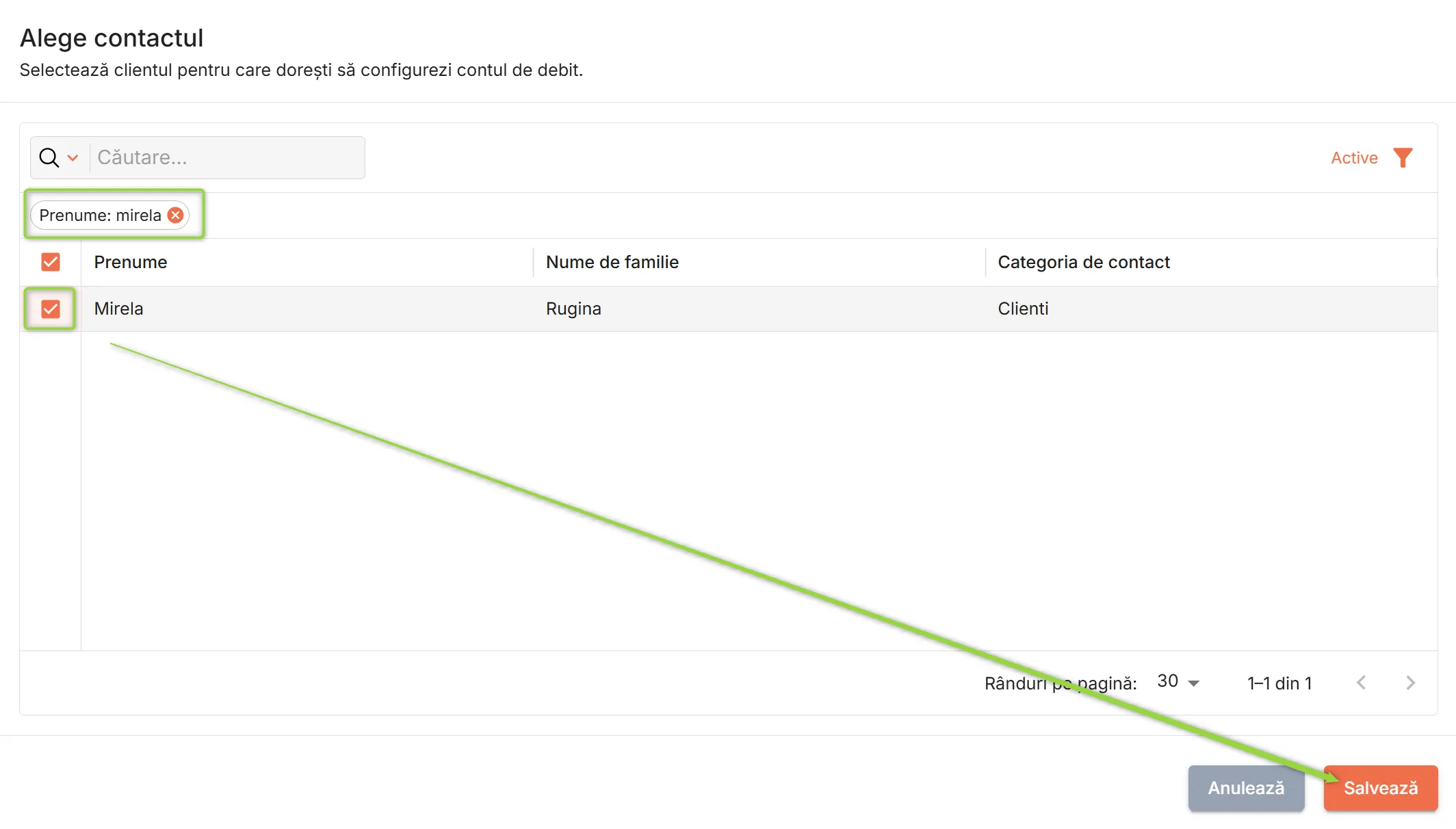 Fereastra Alege contactul Fereastra Alege contactul