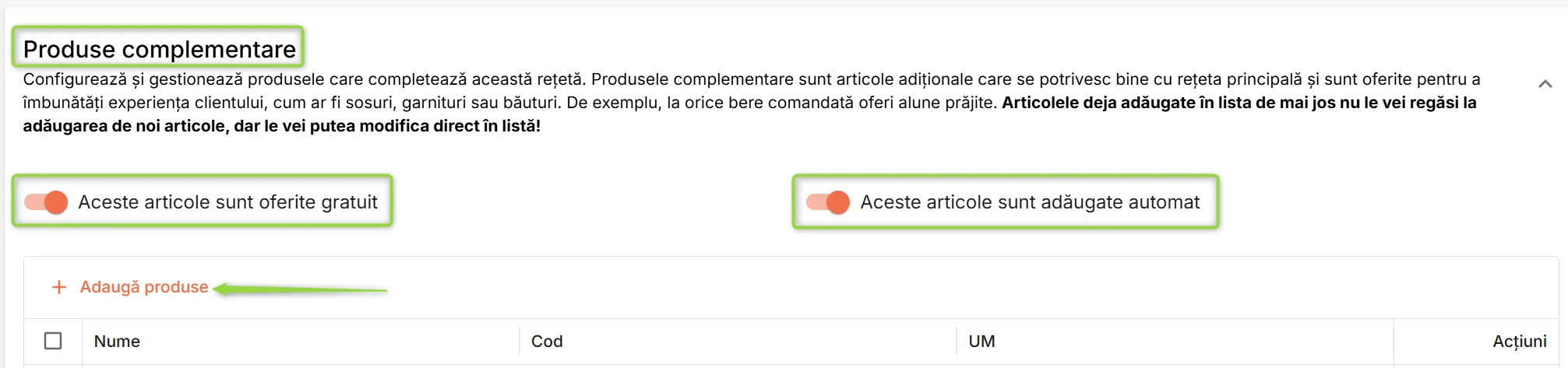 Secțiunea Produse complementare Secțiunea Produse complementare
