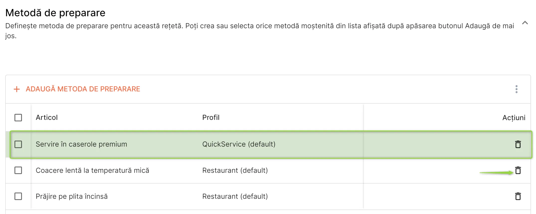 Șterge metodele de preparare nedorite