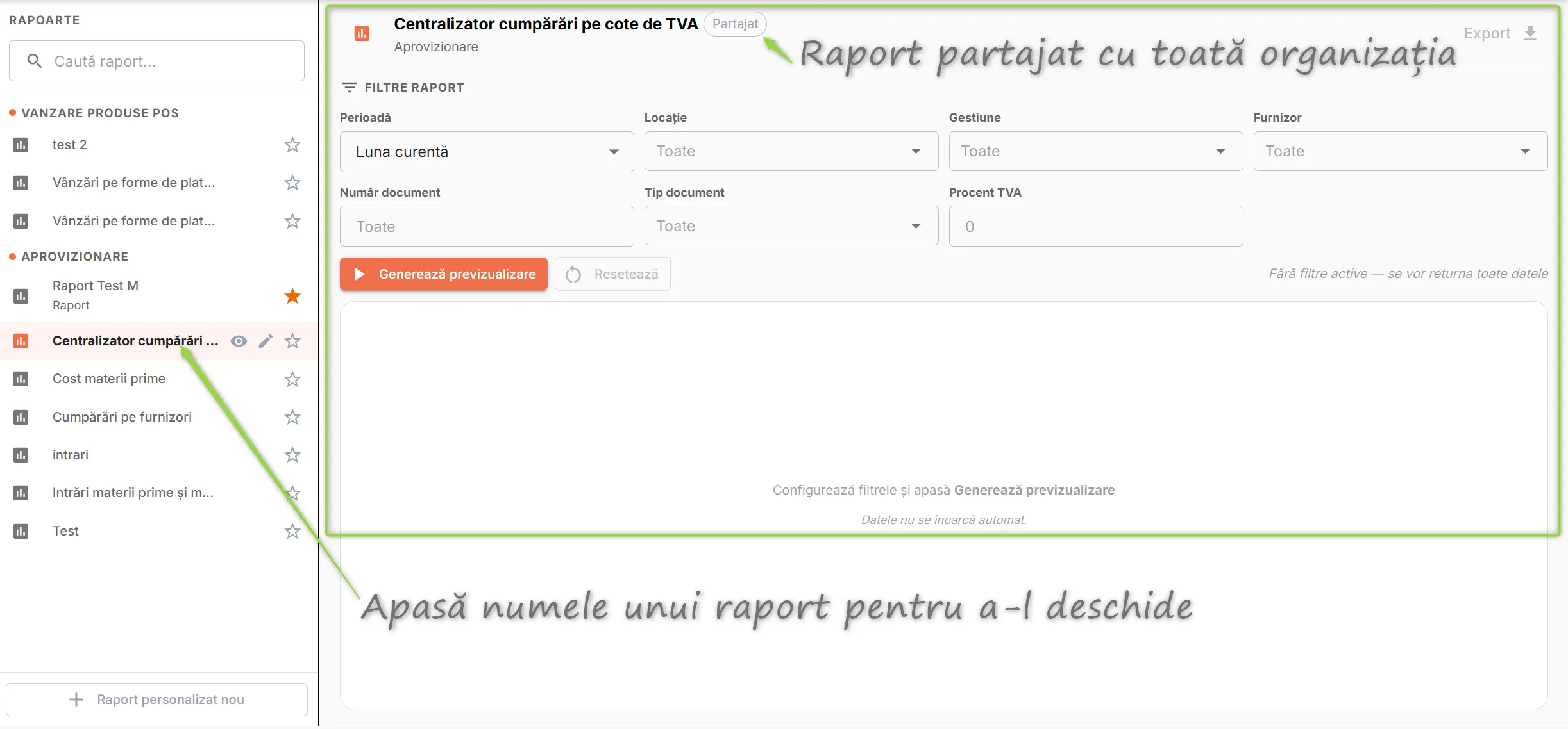 Selectează un raport pentru a-l rula