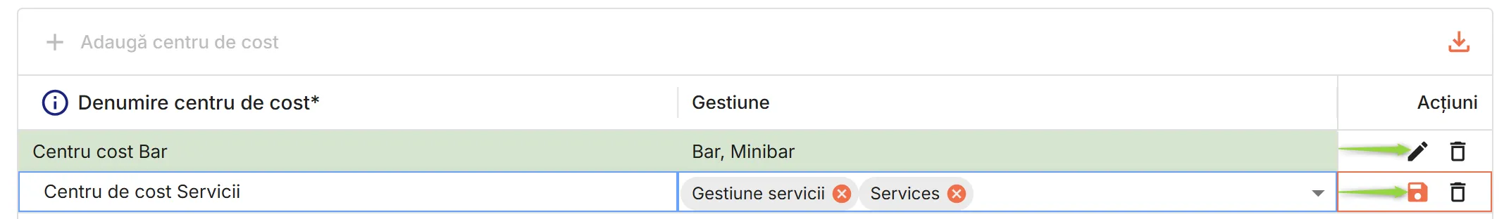 Modificări în tabelul de centre de cost