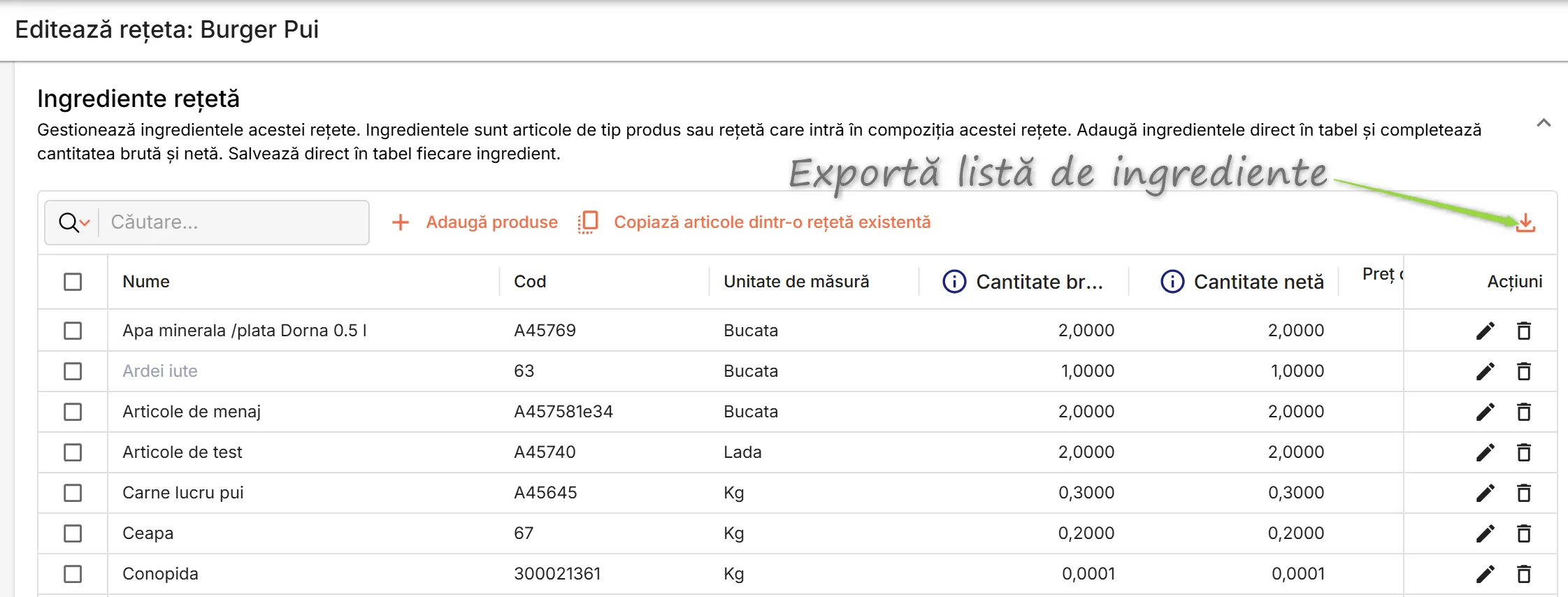 Exportă lista de ingrediente a rețetei