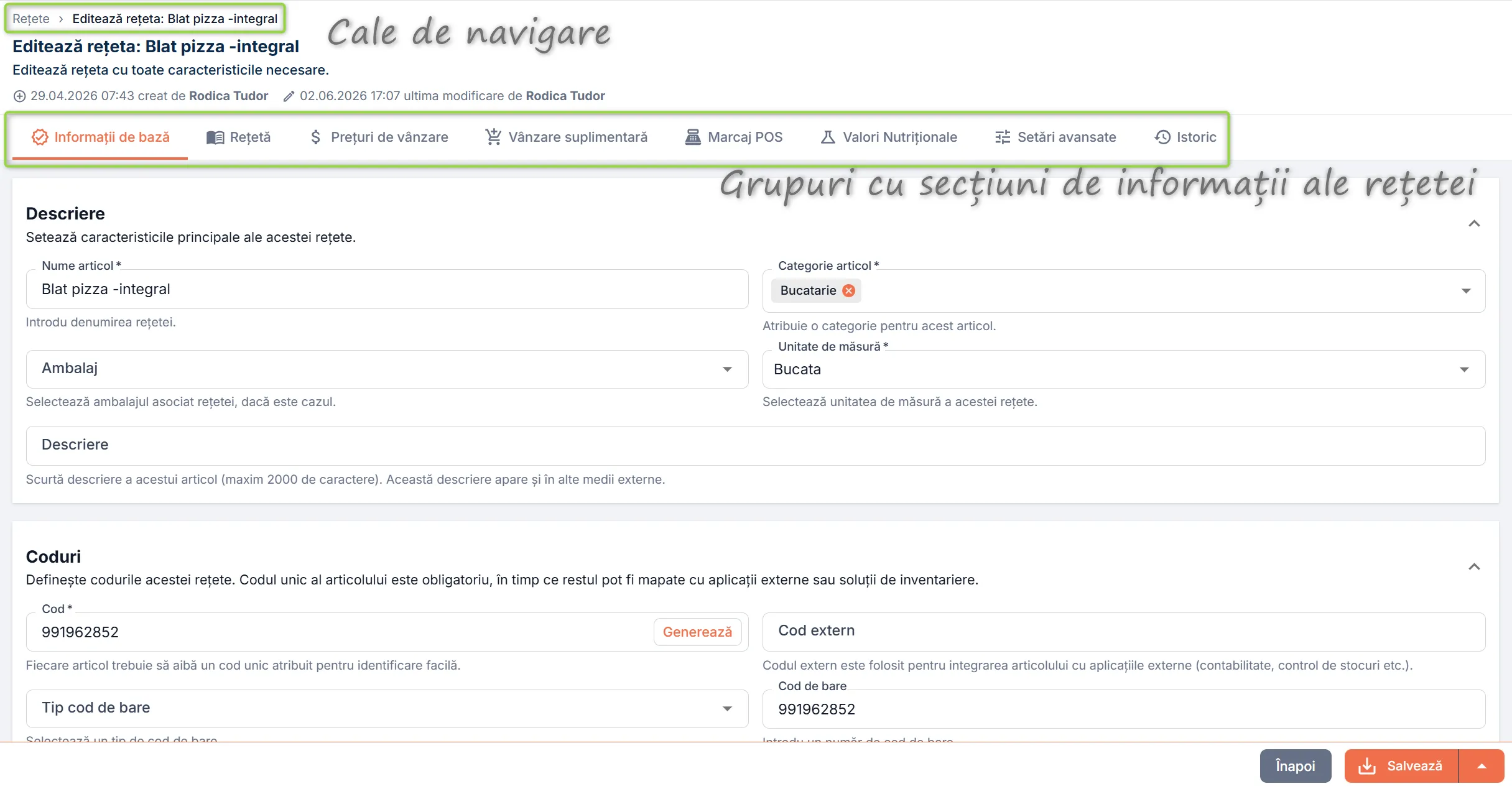 Pagina de editare rețete, cu secțiunile organizate pe grupuri
