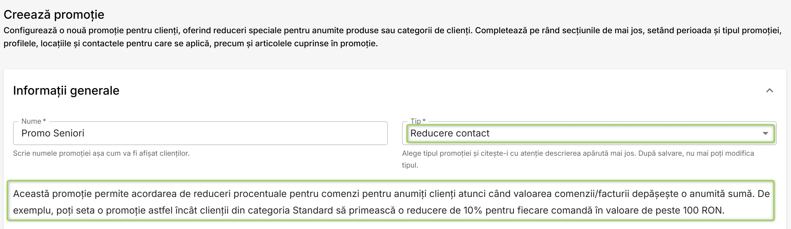 Promoție de tip Reducere contact