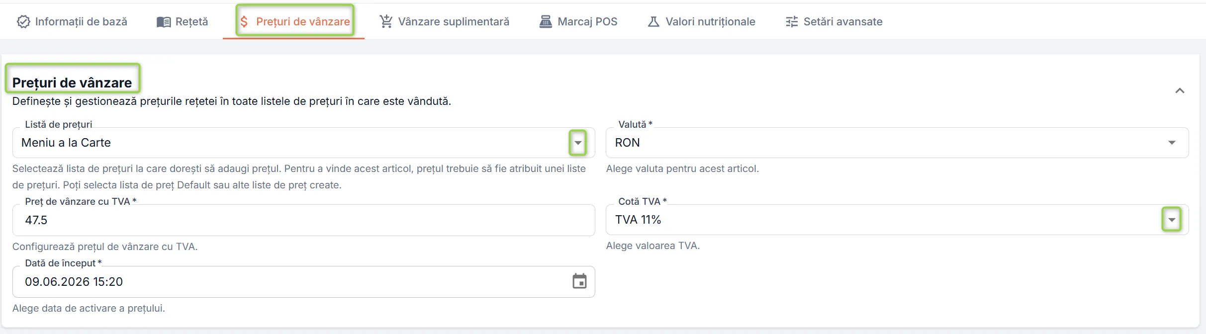 Secțiunea Preț de vânzare