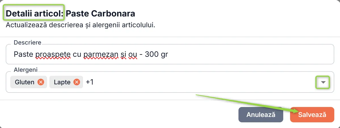 Introdu descrierea articolului și selectează alergenii, dacă e cazul