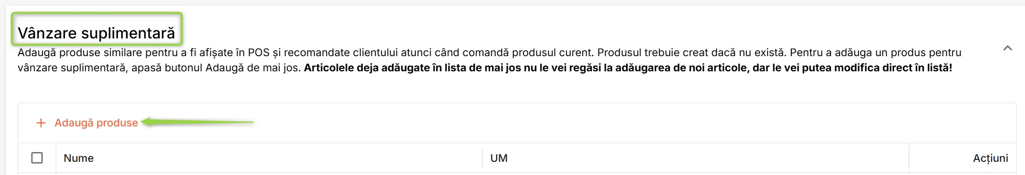 Secțiunea Vânzare suplimentară Secțiunea Vânzare suplimentară