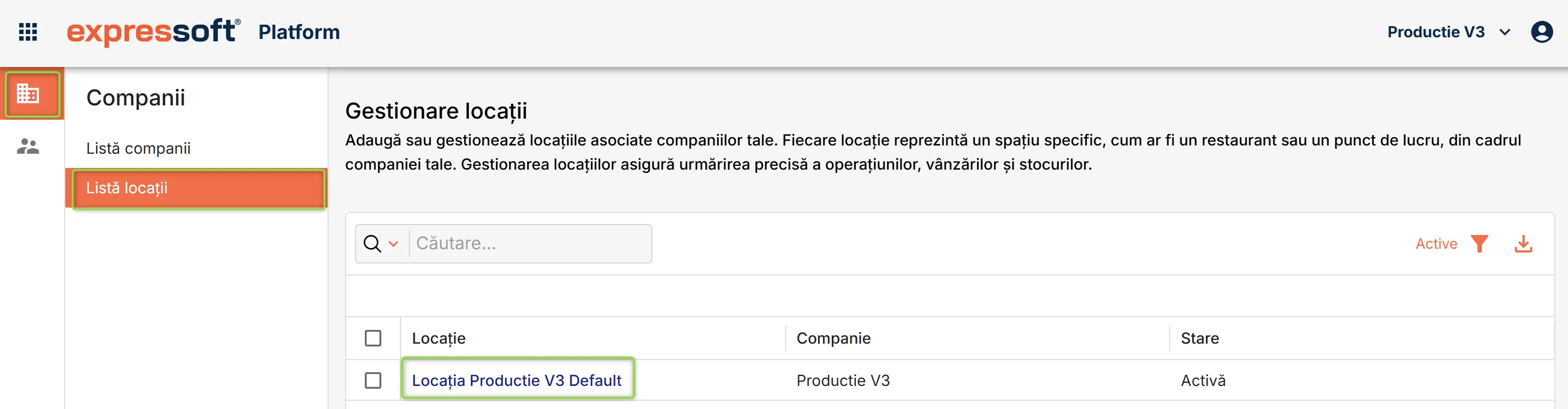 Locația implicită creată automat în Platform