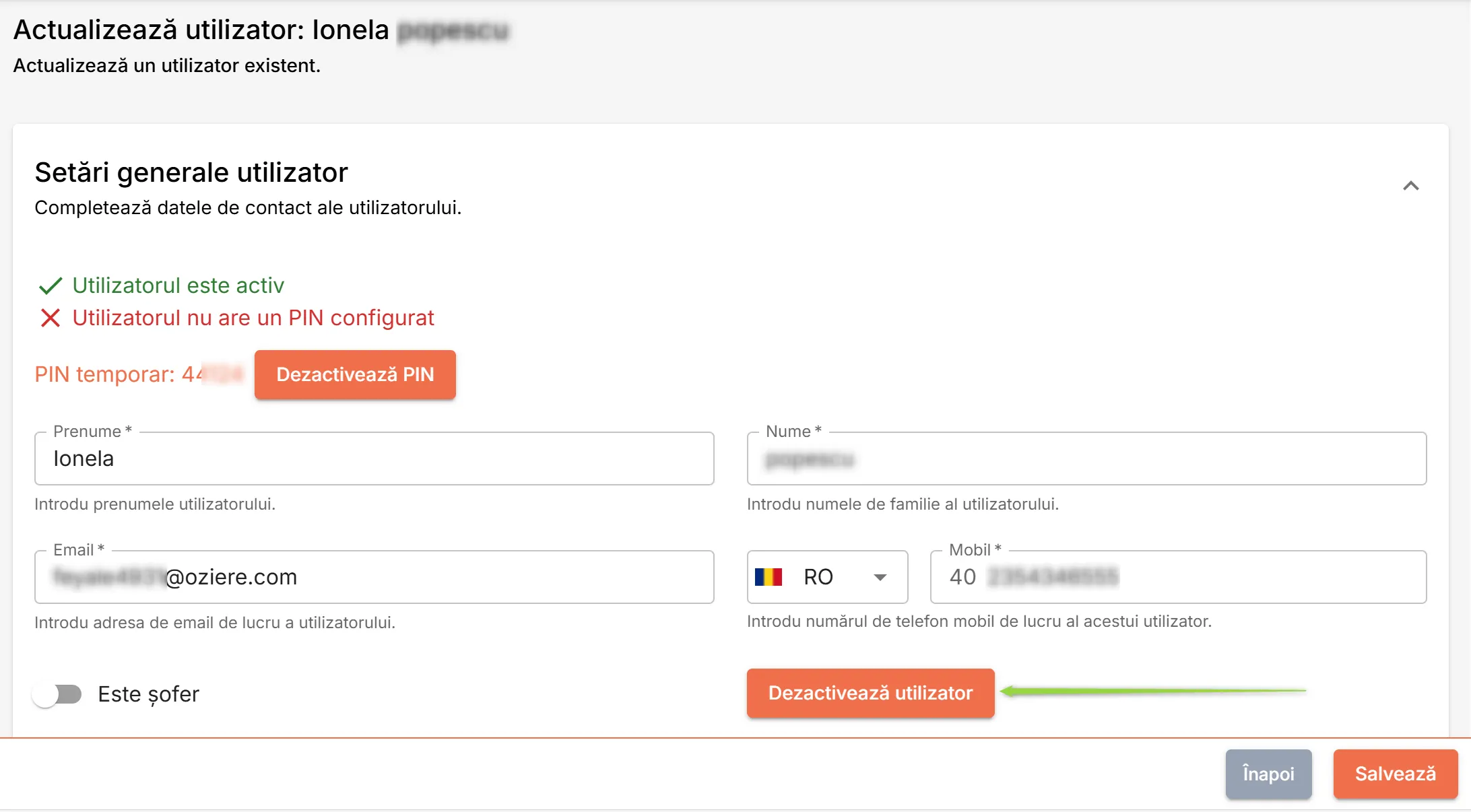 Dezactivează utilizator