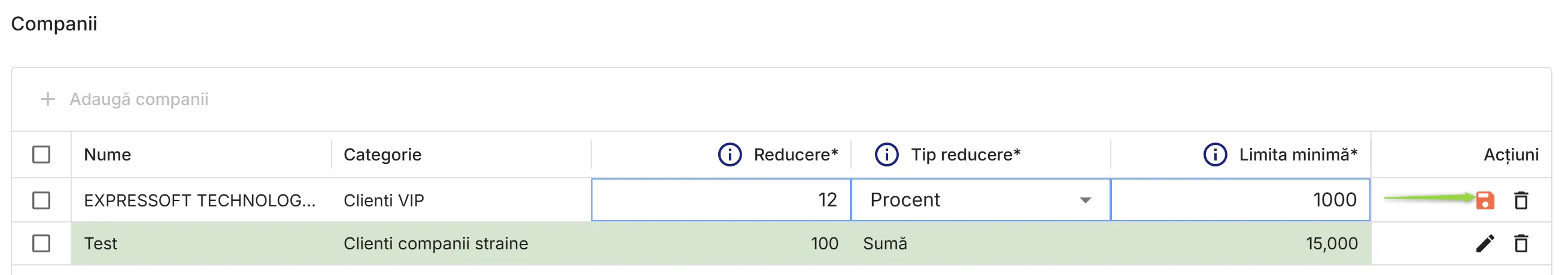 Definire reduceri pentru contactele selectate