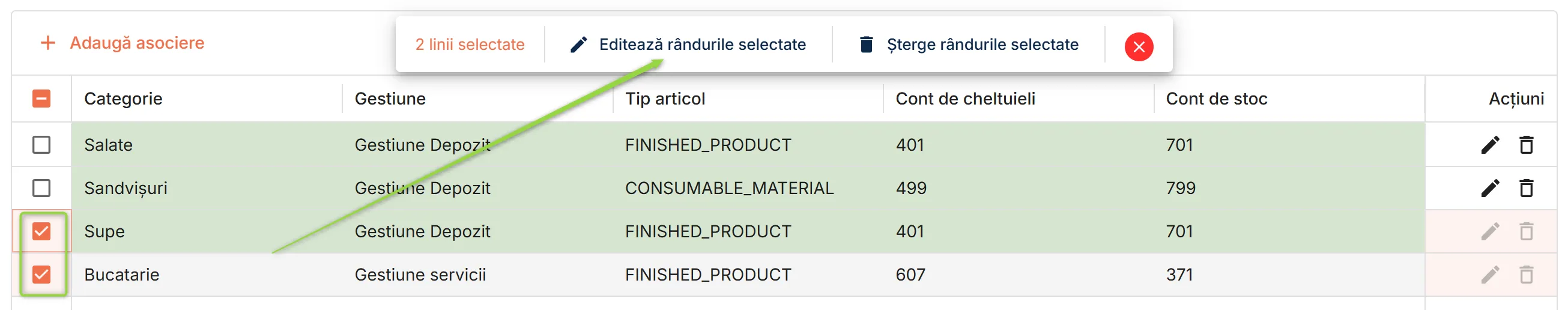 Editează asocierile selectate