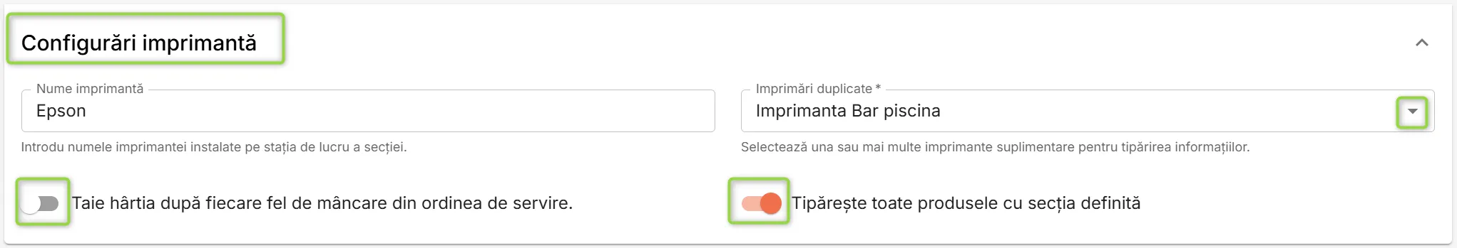 Secțiunea Configurări imprimantă Secțiunea Configurări imprimantă