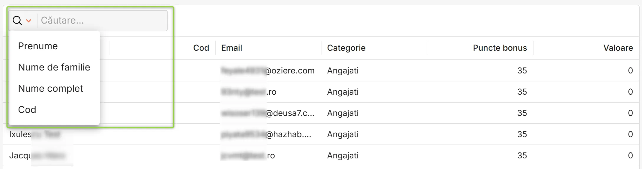 Lista cu contactele și cu punctele bonus aferente fiecărui contact