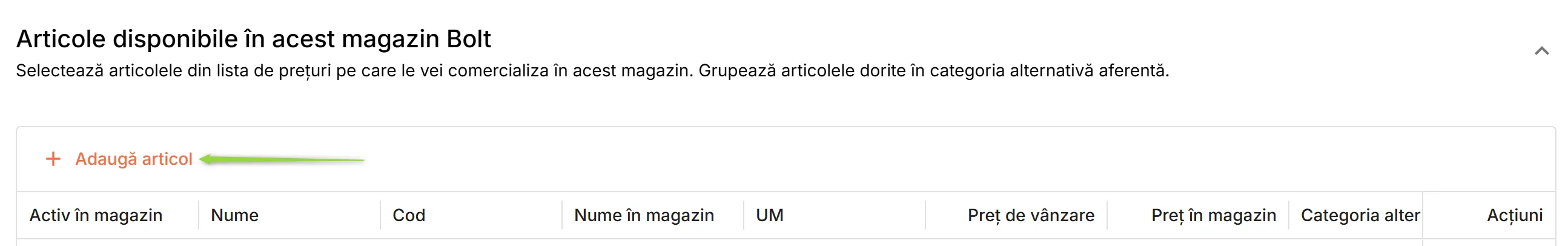 Secțiunea Articole disponibile în acest magazin Bolt