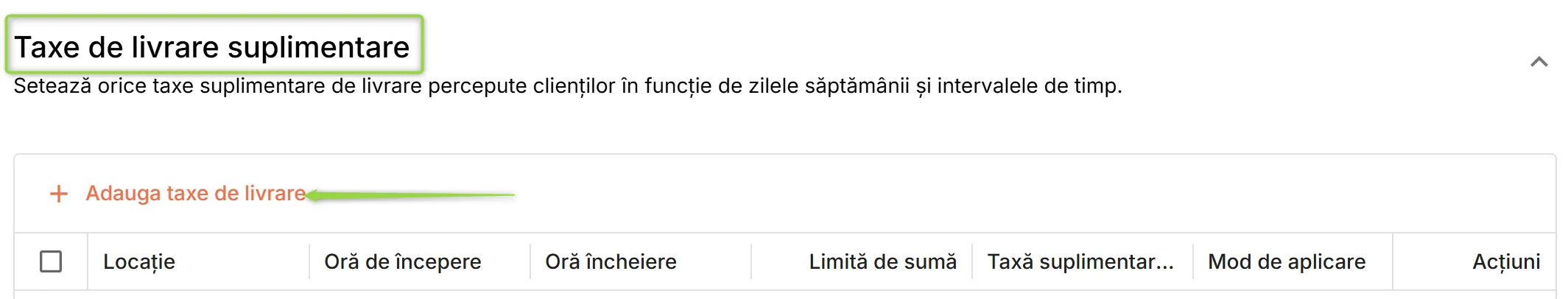 Secțiunea Taxe de livrare suplimentare