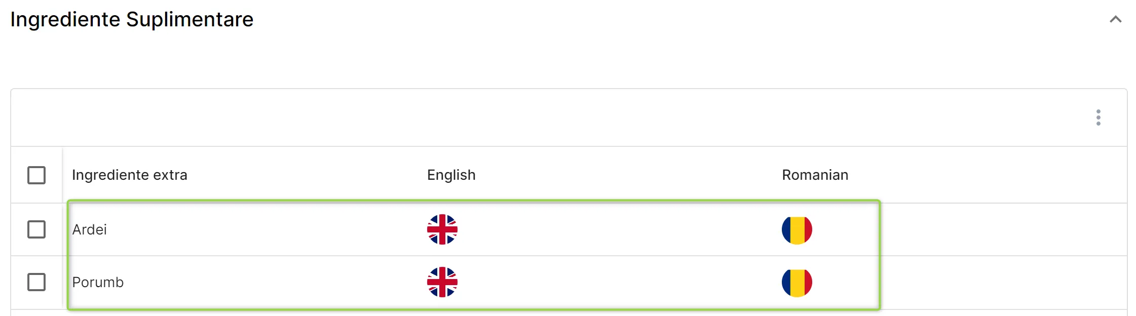 Ingrediente suplimentare cu traduceri Ingrediente suplimentare cu traduceri