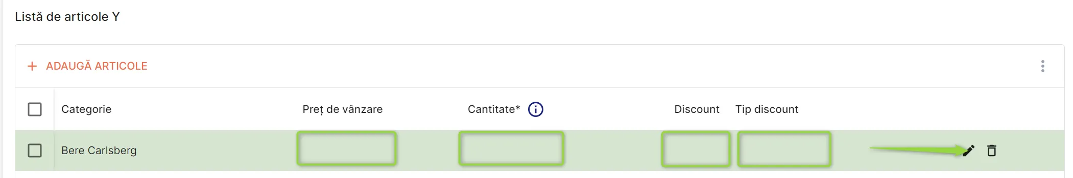 A doua listă, cea cu produsele Y
