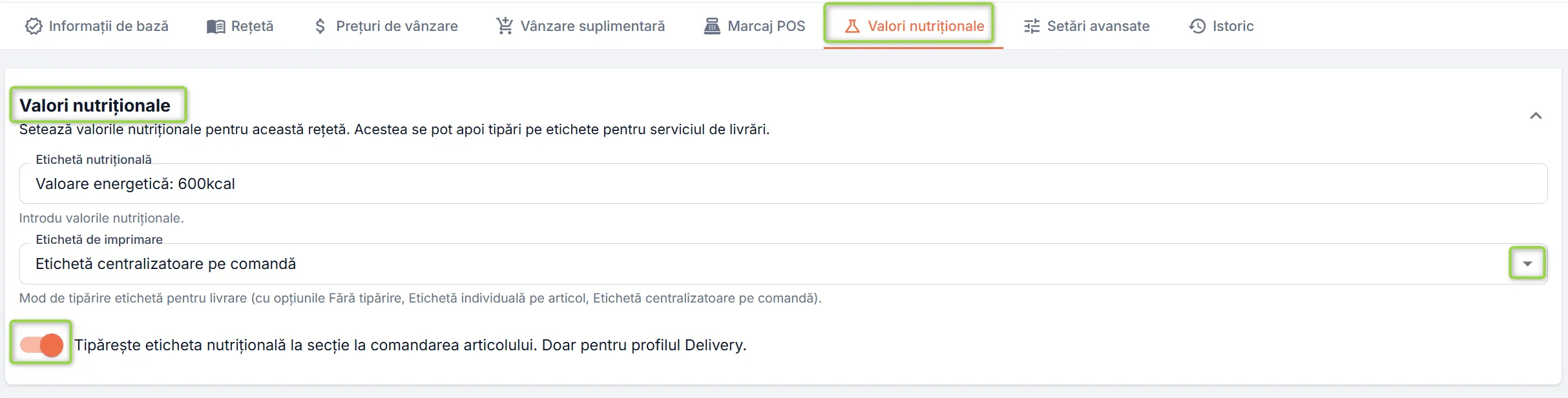 Secțiunea Valori nutriționale Secțiunea Valori nutriționale