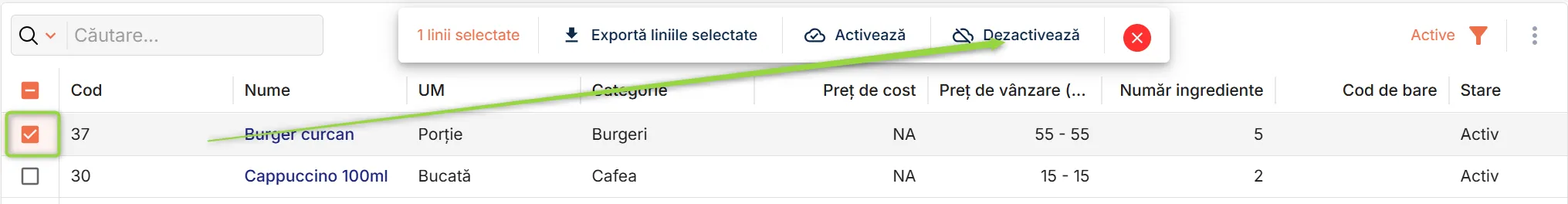 Dezactivare rețetă