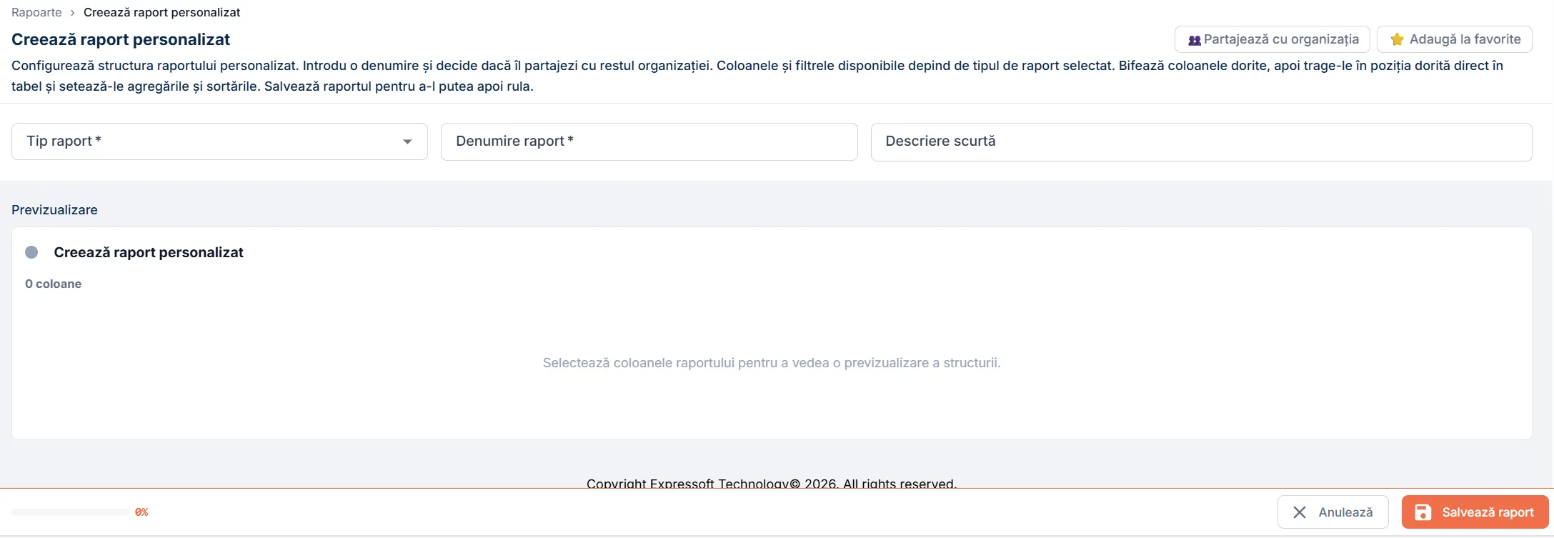 Pagina Creează raport personalizat