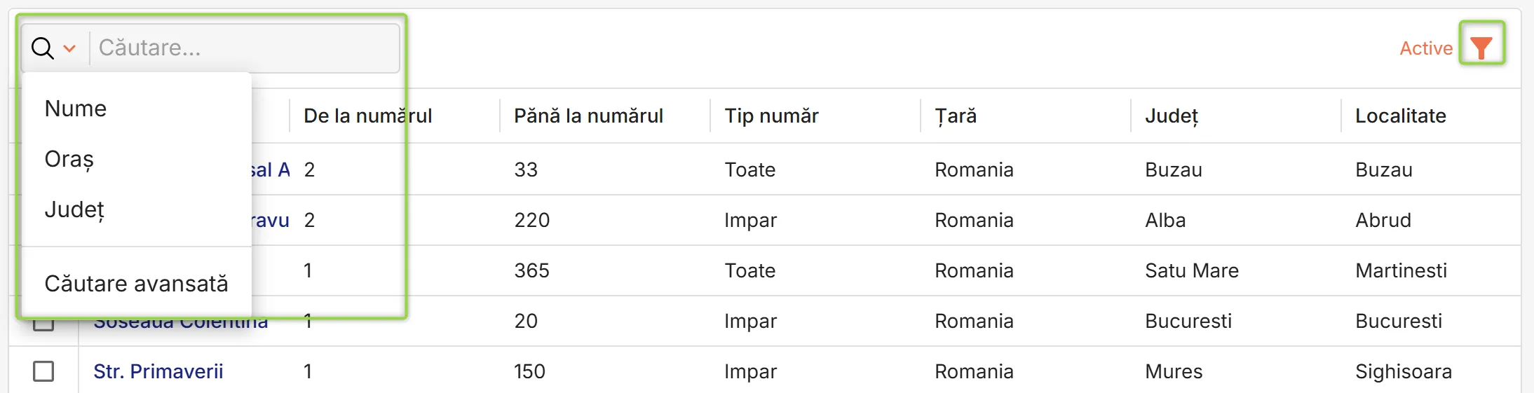 Filtrare și căutare străzi