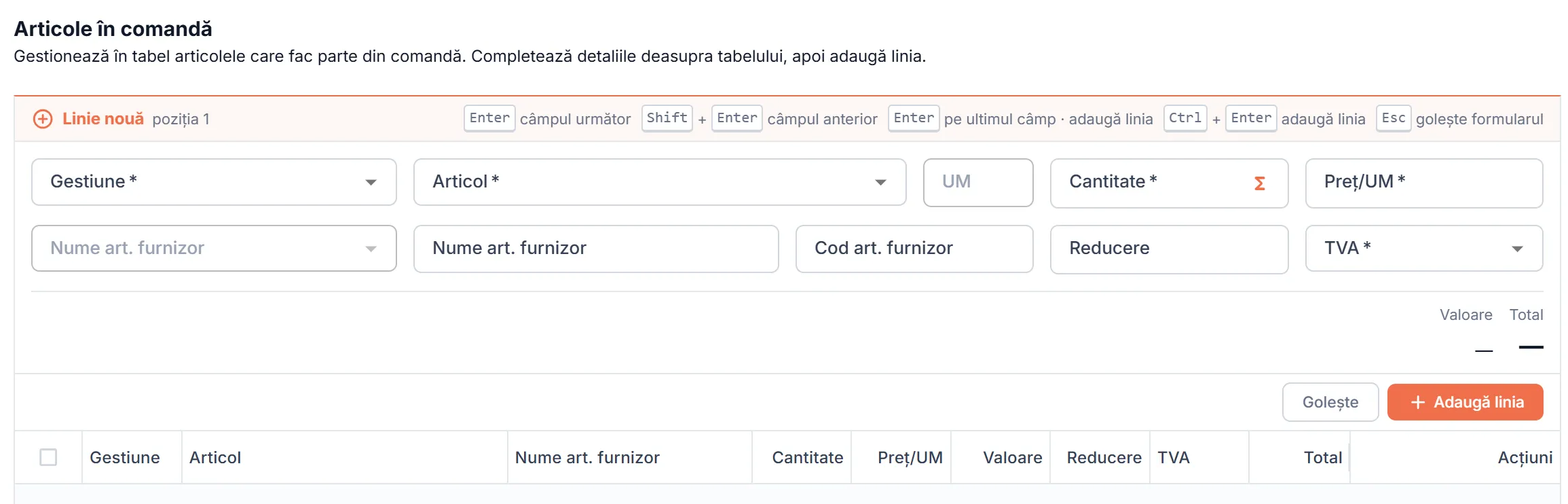 Secțiunea Articole în comandă