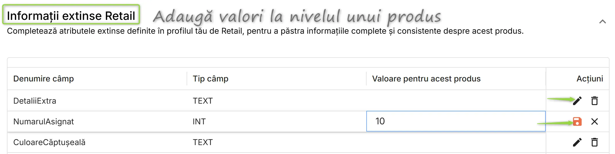 Adaugă valori la nivelul unui produs
