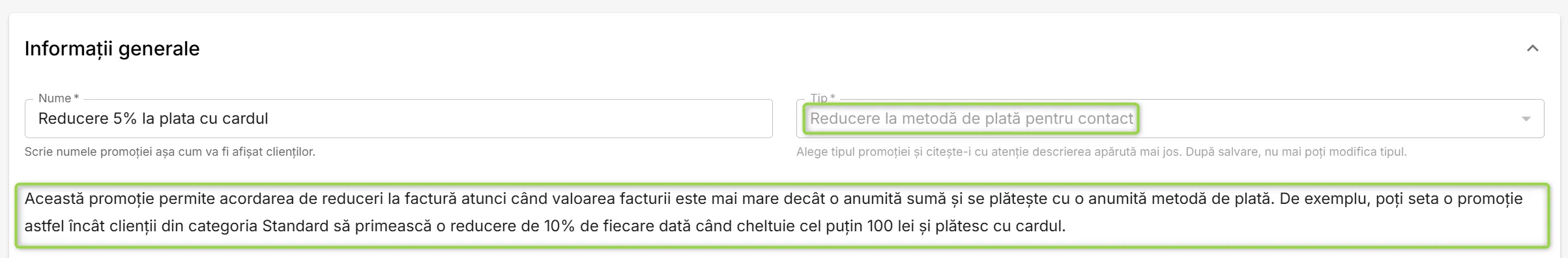 Promoție de tip Reducere la metodă de plată pentru contact
