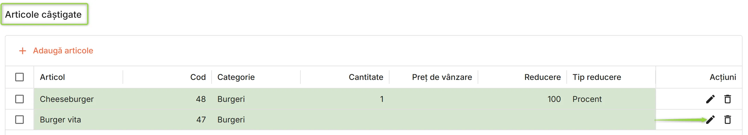 Lista cu articolele câștigate
