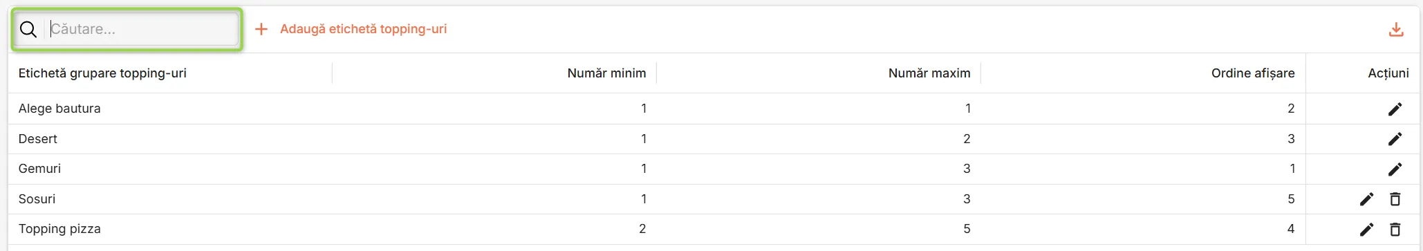 Căutare etichete pentru grupări de topping-uri