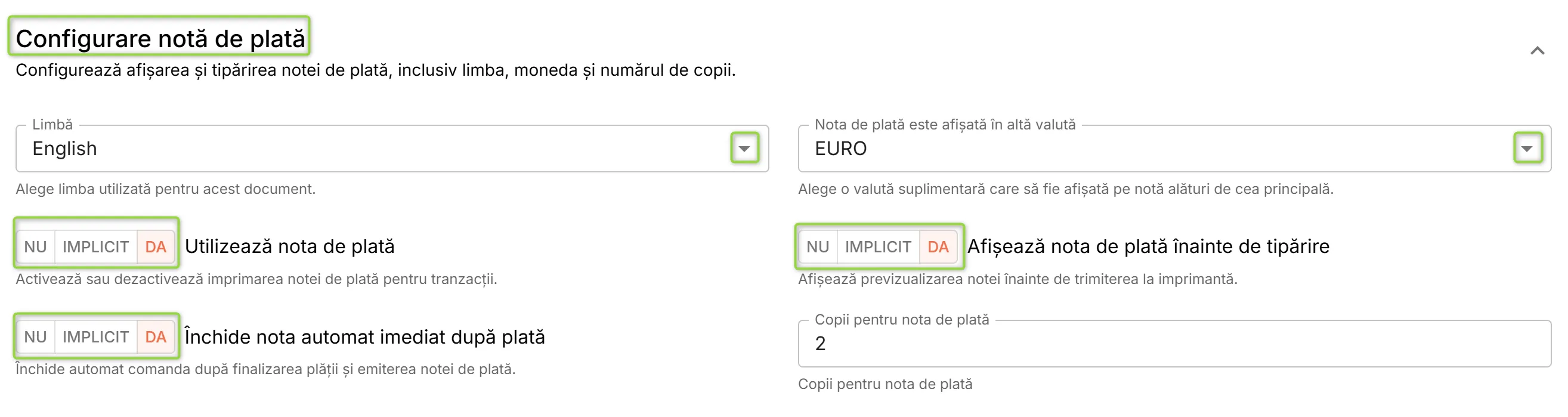 Secțiunea Configurare notă de plată Secțiunea Configurare notă de plată