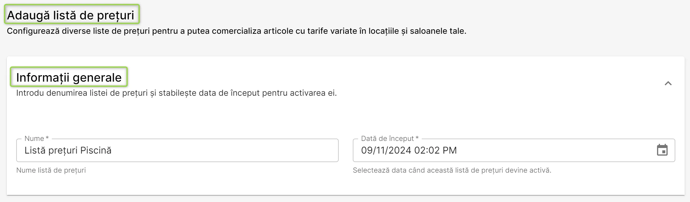 Secțiunea Informații generale