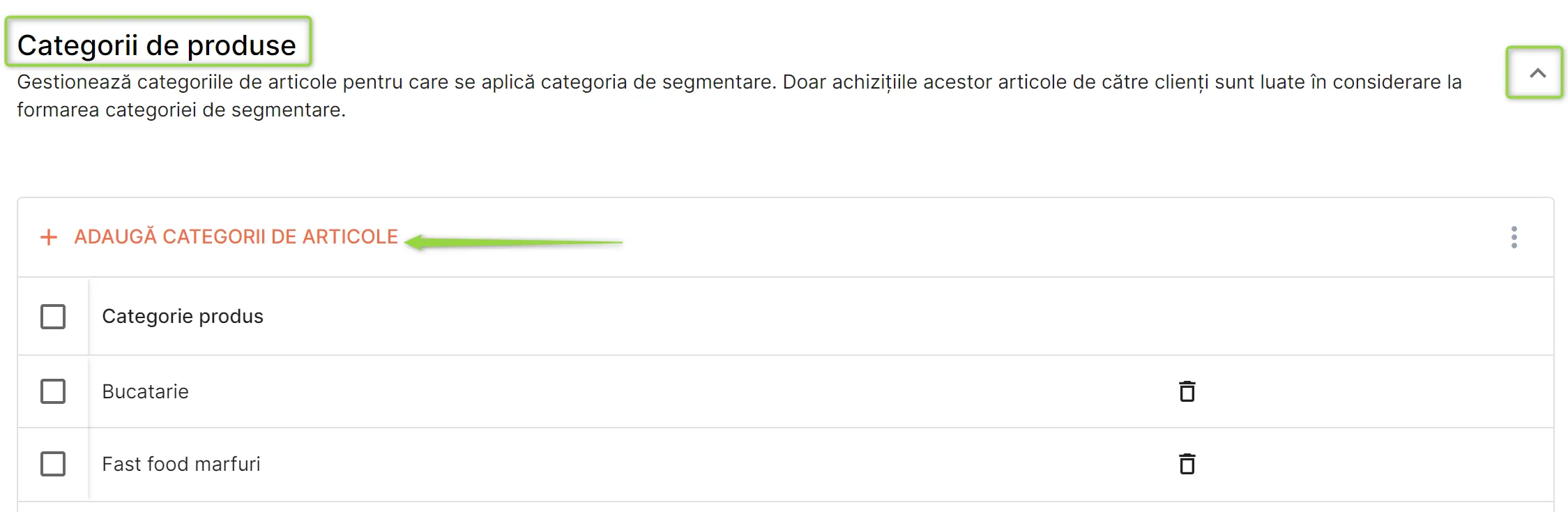 Secțiunea Categorii de produse