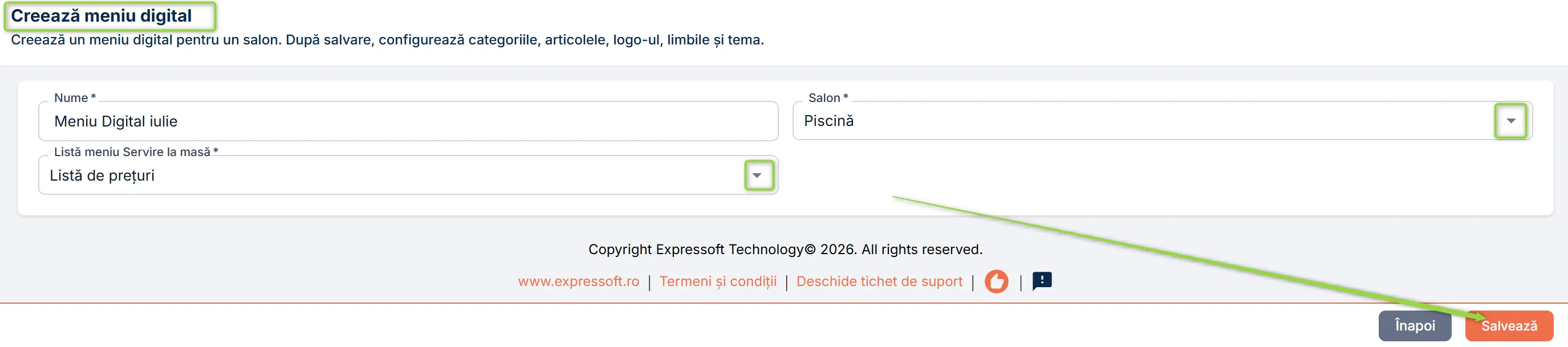 Pagina Creează meniu digital