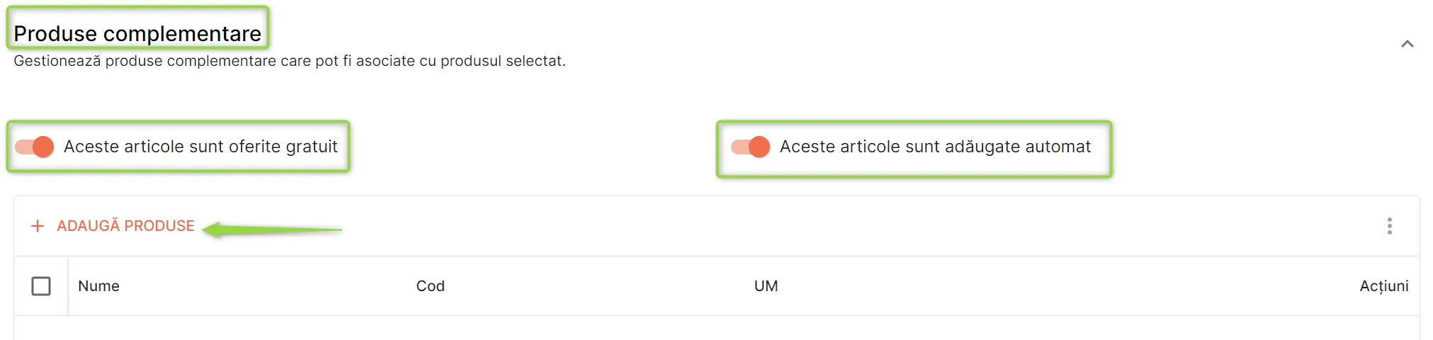 Secțiunea Produse complementare Secțiunea Produse complementare