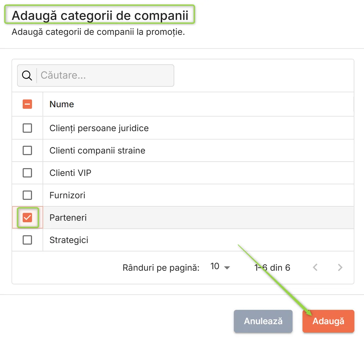Selectare categorii de contacte participante la promoție