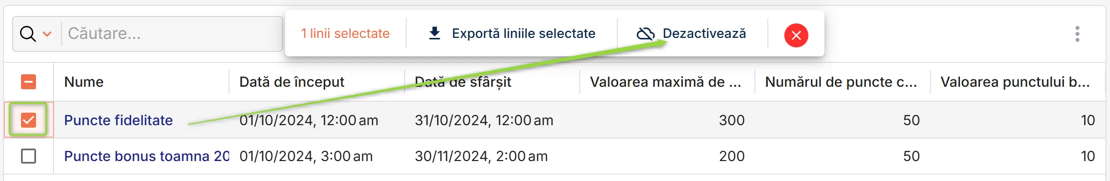 Dezactivarea unui tip de puncte bonus Dezactivarea unui tip de puncte bonus