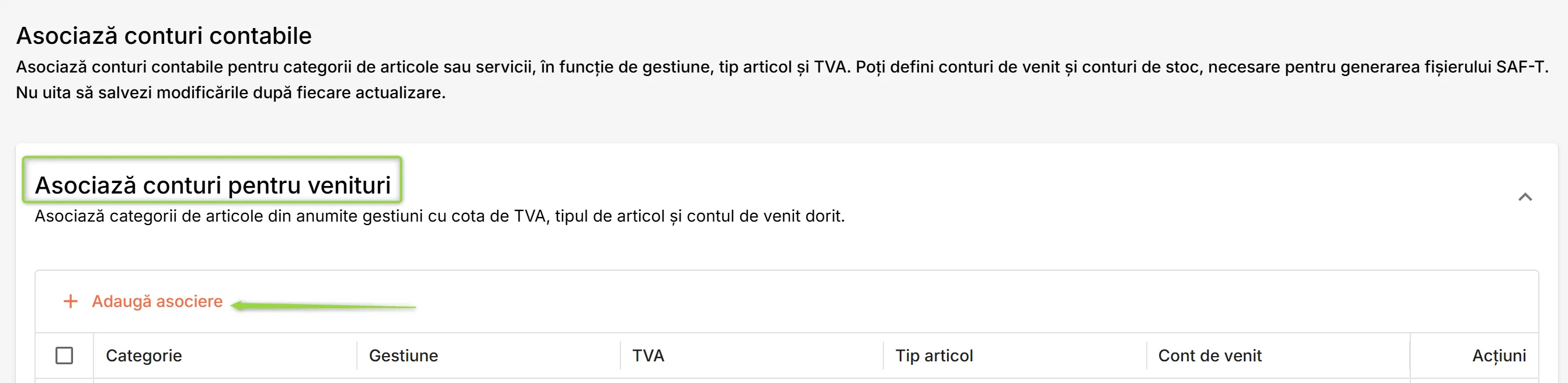 Secțiunea Asociază conturi pentru venituri