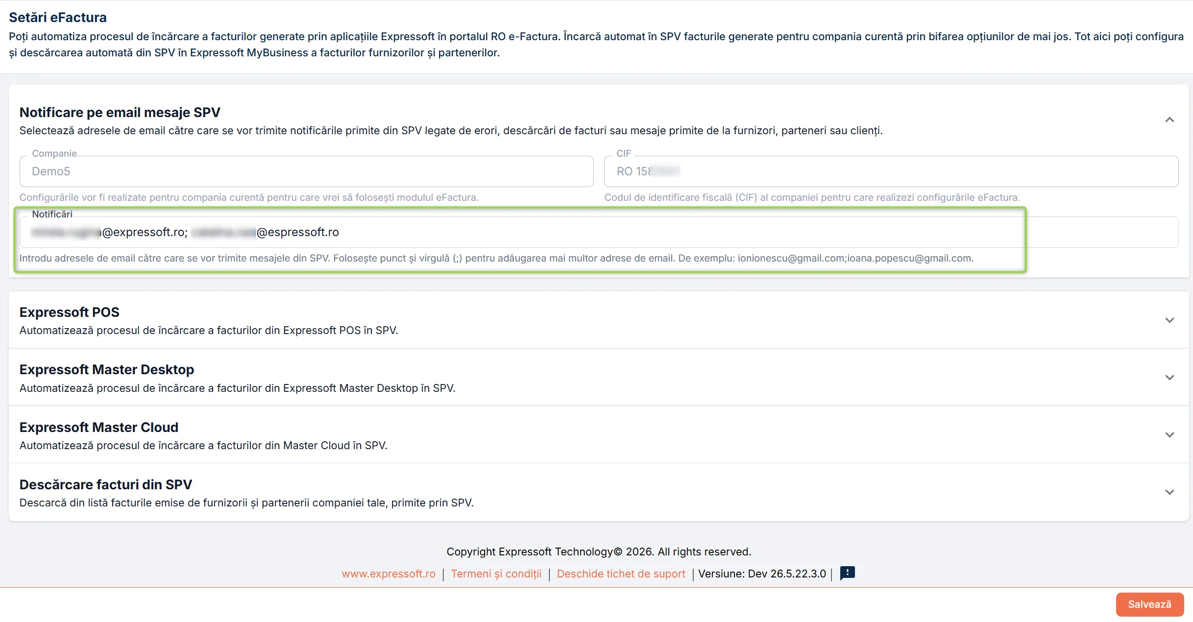 Setări eFactura - Secțiunea Notificare pe email mesaje SPV Setări eFactura - Secțiunea Notificare pe email mesaje SPV