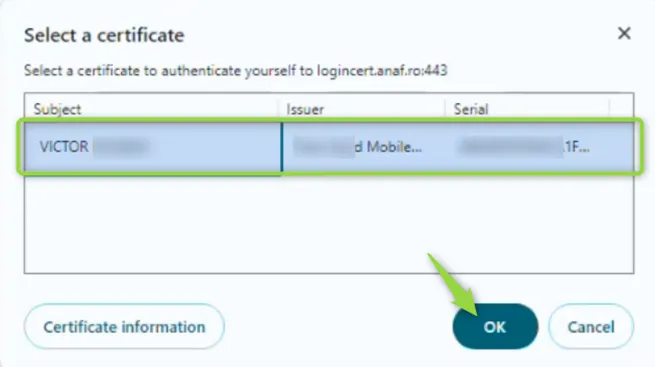 Selectare certificat digital